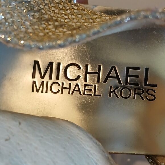 Michael Kors Size 9M Berkley T-Strap Silver Gold Glitter Zip Peep Toe Heels READ - Picture 7 of 16